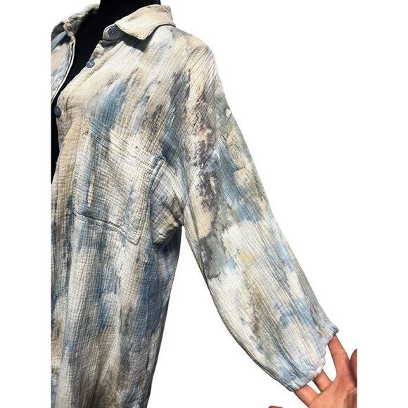 YFB Womens Button-Down Tie-Dye Textured Shirt Long Sleeve Collared Lightweight C - Picture 6 of 10